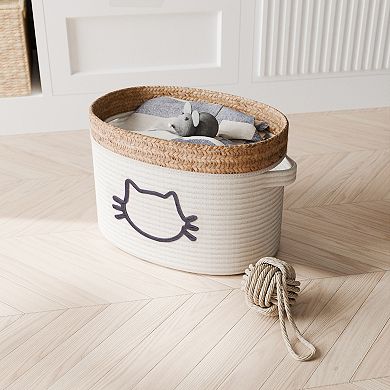 Zenna Home Zenna Pet Rope and Water Hyacinth Oval Pet Toy and Storage Basket with Cat Face Design