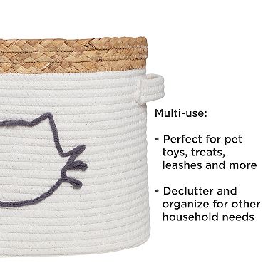 Zenna Home Zenna Pet Rope and Water Hyacinth Oval Pet Toy and Storage Basket with Cat Face Design