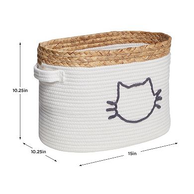 Zenna Home Zenna Pet Rope and Water Hyacinth Oval Pet Toy and Storage Basket with Cat Face Design