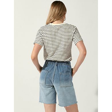 Denim Shorts For Women's Elastic Waist Straight Leg Casual Short Jeans Pants