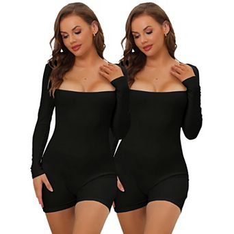 2packs Women's Square Neck Leotard Jumpsuit Shapewear Tummy Control Slimming Long Sleeve Bodysuit