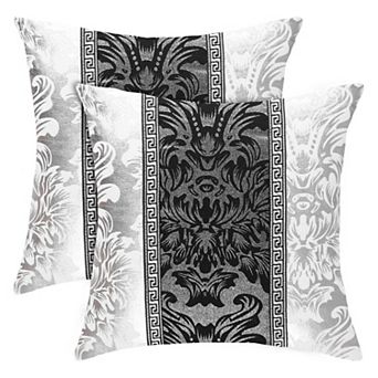 2 pc Floral Print Throw Pillowcases, 18"x18" Black And Silver