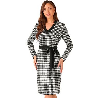 Houndstooth Dress For Women's V Neck Elegant Belted Knit Long Sleeve Bodycon Dresses