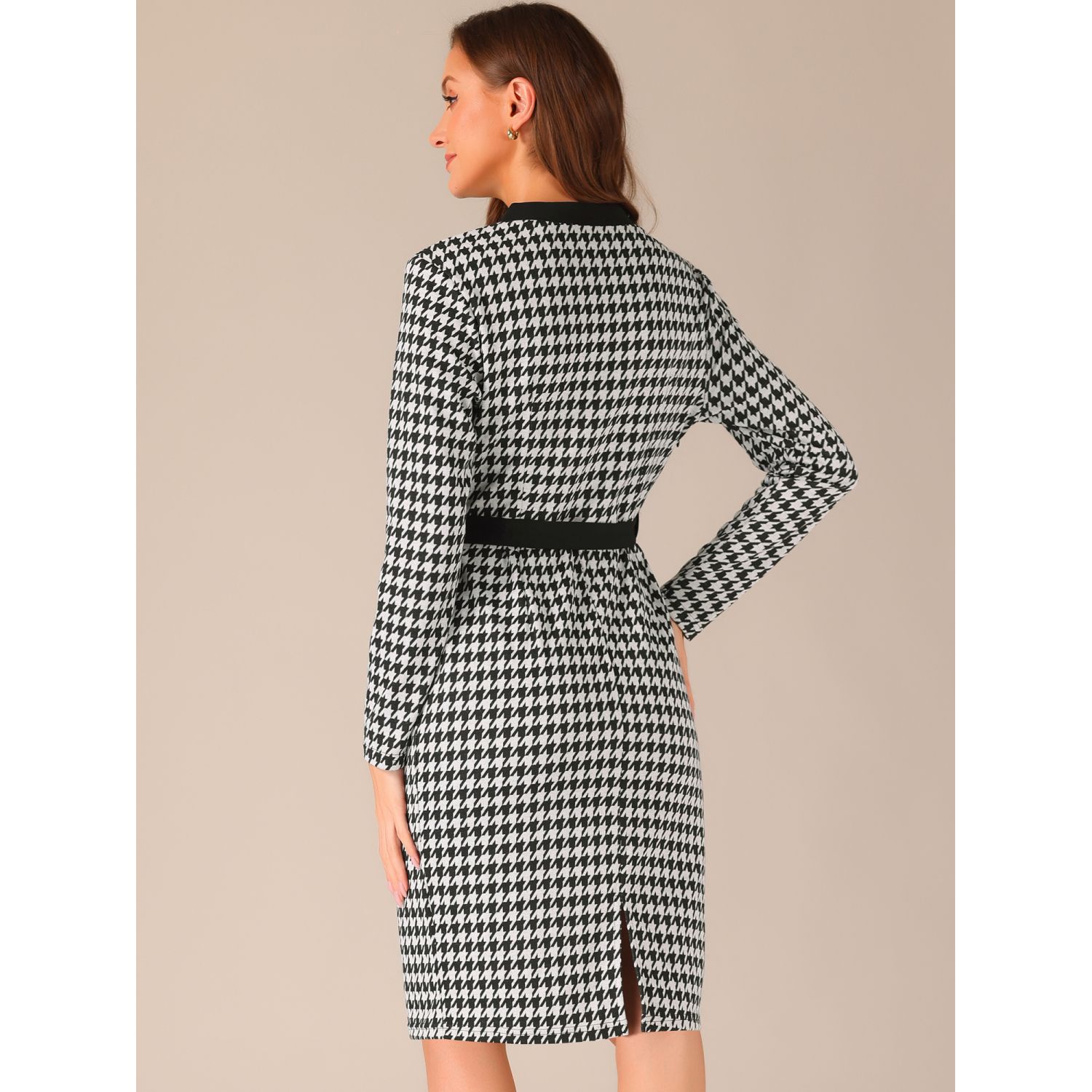 Houndstooth V Neck Belted Long Sleeve Bodycon Midi Dress, Black / S