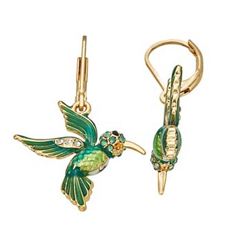 Napier Silver Tone Simulated Crystal Green Hummingbird Drop Earrings
