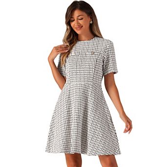 Women's Short Sleeve Plaid Tweed Dress Zipper Button Casual Mini Dresses