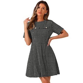 Women's Short Sleeve Plaid Tweed Dress Zipper Button Casual Mini Dresses