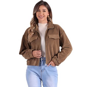 Fuzzy Short Jacket For Women's Stand Collar Long Sleeve Casual Crop Coat