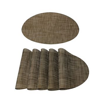 Washable Placemats 6 pc Woven Non-slip Mats Dining Table Oval, Brown, 18" X 12"