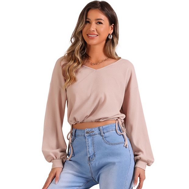 Drawstring Hem Shirt For Women's Waffle Knit Casual Long Sleeve V