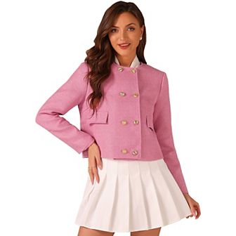 Scoop Neck Jacket For Women's Tweed Plaid Double-breasted Long Sleeve Casual Jackets