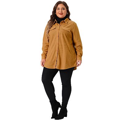 Plus Size Corduroy Shacket Jackets for Women Shirts Pocket Long Sleeves Tops