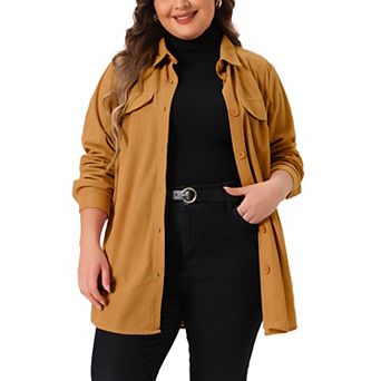 Plus Size Corduroy Shacket Jackets for Women Shirts Pocket Long Sleeves Tops
