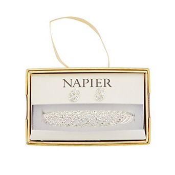 Napier Silver Tone Simulated Crystal Stud Earrings & Lattice Bangle Bracelet Set