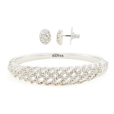 Napier Silver Tone Simulated Crystal Stud Earrings & Lattice Bangle Bracelet Set