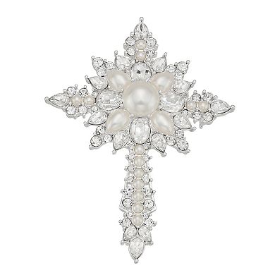 Napier Silver Tone Simulated Crystal & Simulated Pearl Elevated Cross Pin