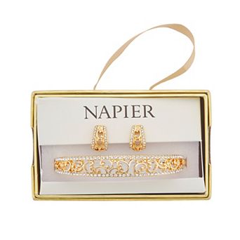 Napier Gold Tone Simulated Crystal Filigree Bangle Bracelet & Stud Earrings Set