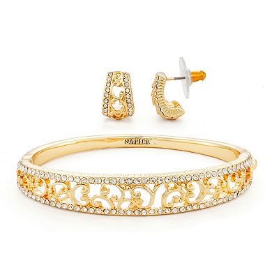 Napier Gold Tone Simulated Crystal Filigree Bangle Bracelet & Stud Earrings Set
