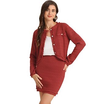 2 pc Suit for Women's Stretch Sweater Short Jacket and Skirt Vintage Sets