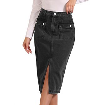 Denim Skirt For Women Button Down Two Pockets Split Hem Casual Jean Skirt