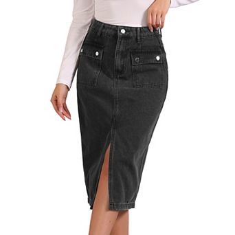 Denim Skirt For Women Button Down Two Pockets Split Hem Casual Jean Skirt