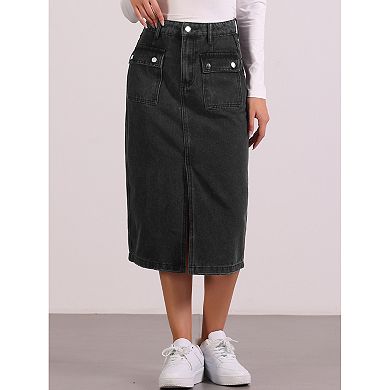 Denim Skirt For Women Button Down Two Pockets Split Hem Casual Jean Skirt