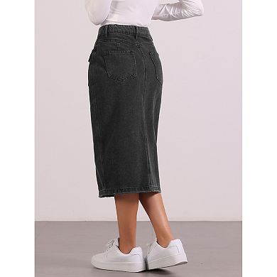 Denim Skirt For Women Button Down Two Pockets Split Hem Casual Jean Skirt