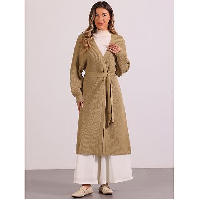 Women's Long Cardigan Open Front Long Sleeve Belted Knit Sweater