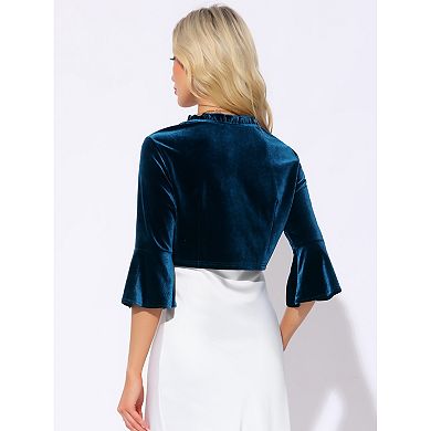 Velvet Shrug Top For Women's 3/4 Sleeve Ruffled Cocktail Party Cropped Cardigan