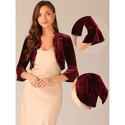 Velvet 3/4 Sleeve Open Front Ruffled Cocktail Cropped Shrug Bolero Jacket, Black / L