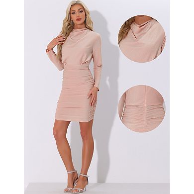 Glitter Dresses For Women's Long Sleeve Ruched Cowl Neck Bodycon Dress