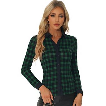 Button Down Shirt for Women's Peter Pan Collar Slim Fit Knit Plaid Blouse