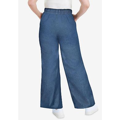 June + Vie Women's Plus Size Drawstring Denim Wide-Leg Bottoms.