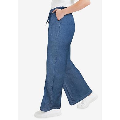June & Vie Women's Plus Size Drawstring Denim Wide-Leg Bottoms.