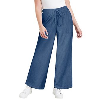 June + Vie Women's Plus Size Drawstring Denim Wide-Leg Bottoms.