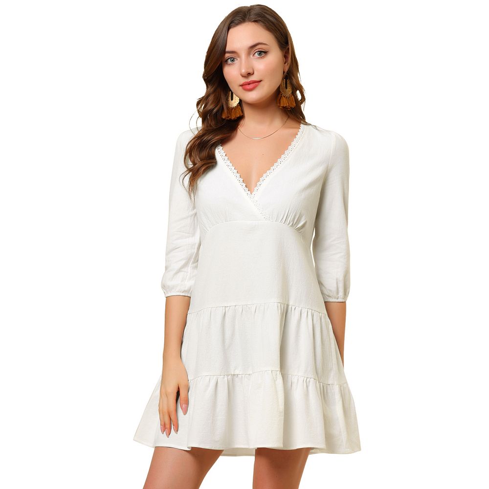 Women's Mini 3/4 Sleeve Casual Cotton Deep V Neck Dresses