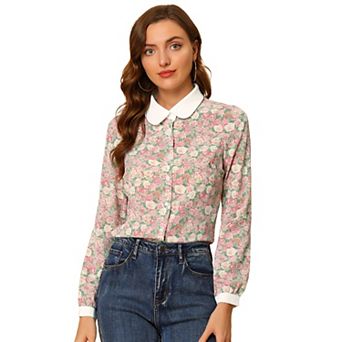 Floral Shirt for Women's Peter Pan Collar Long Sleeve Button Down Blouse