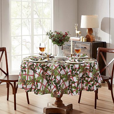 Elrene Home Fashions Pinecone Plaid Holiday Fabric 70" Round Tablecloth