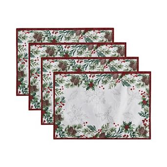 Elrene Home Fashions Holly Berry Flourish Holiday Fabric Placemat, 13"x19", Set Of 4