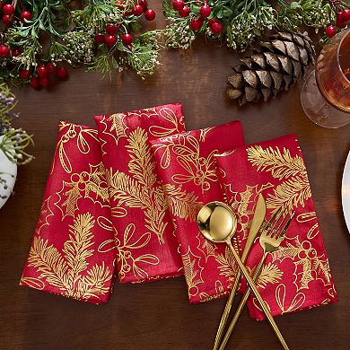 Elrene Home Fashions Red Foil Woodland Holiday Fabric Napkins, 17"x17", Set Of 4