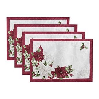 Elrene Home Fashions Clarette Poinsettia Holiday Fabric Placemats, 13"x19", Set Of 4