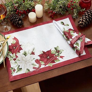 Elrene Home Fashions Clarette Poinsettia Holiday Fabric Placemats, 13"x19", Set Of 4