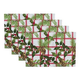 Elrene Home Fashions Pinecone Plaid Holiday Fabric Placemats, 13"x19", Set Of 4
