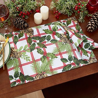 Elrene Home Fashions Pinecone Plaid Holiday Fabric Napkins, 17"x17", Set Of 4