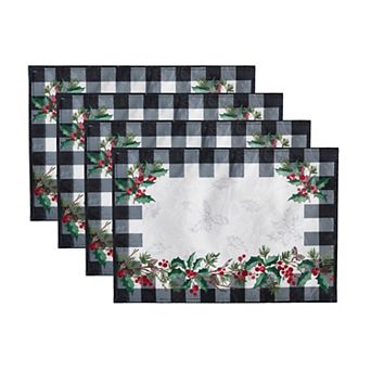 Elrene Home Fashions Holly Farmhouse Charm Holiday Fabric Placemats, 13"x19", Set Of 4