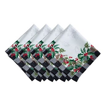 Elrene Home Fashions Holly Farmhouse Charm Holiday Fabric Napkins, 17"x17", Set Of 4
