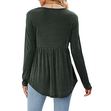 Women's V Neck Blouse Half Zip Up Casual Tunic Shirts Babydoll Chest Tie Knot Shirts