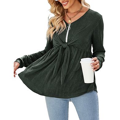 Women's V Neck Blouse Half Zip Up Casual Tunic Shirts Babydoll Chest Tie Knot Shirts
