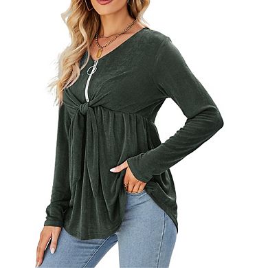 Women's V Neck Blouse Half Zip Up Casual Tunic Shirts Babydoll Chest Tie Knot Shirts