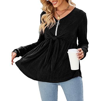 Women's V Neck Blouse Half Zip Up Casual Tunic Shirts Babydoll Chest Tie Knot Shirts